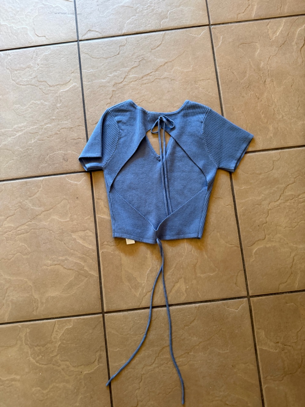 Blue Ribbed Crop Top with Tie-Back - Picture 5 of 5